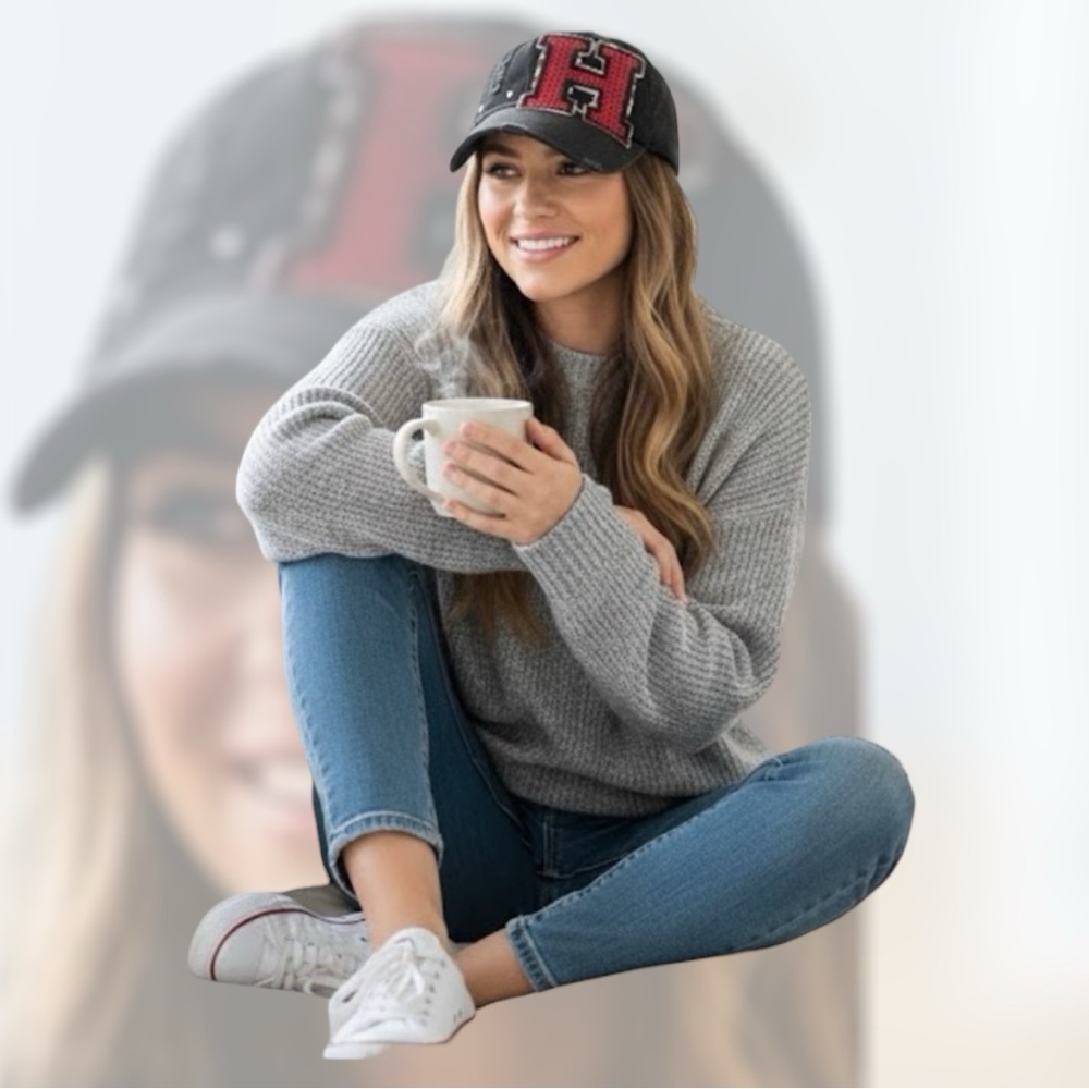 Women’s Black Distressed Embroidery Red Bling H  Logo Hat Caps Adjustable Strap